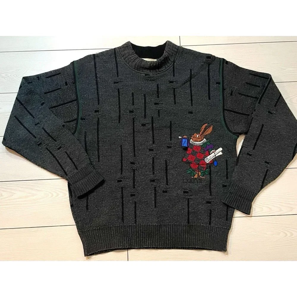 Carlo Colucci wool gray sweater vintage w/brown rabbit blowing a horn Size‎ 3XL